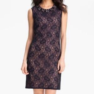 Adrianna Papell Sleeveless Lace Overlay Jeweled Dress